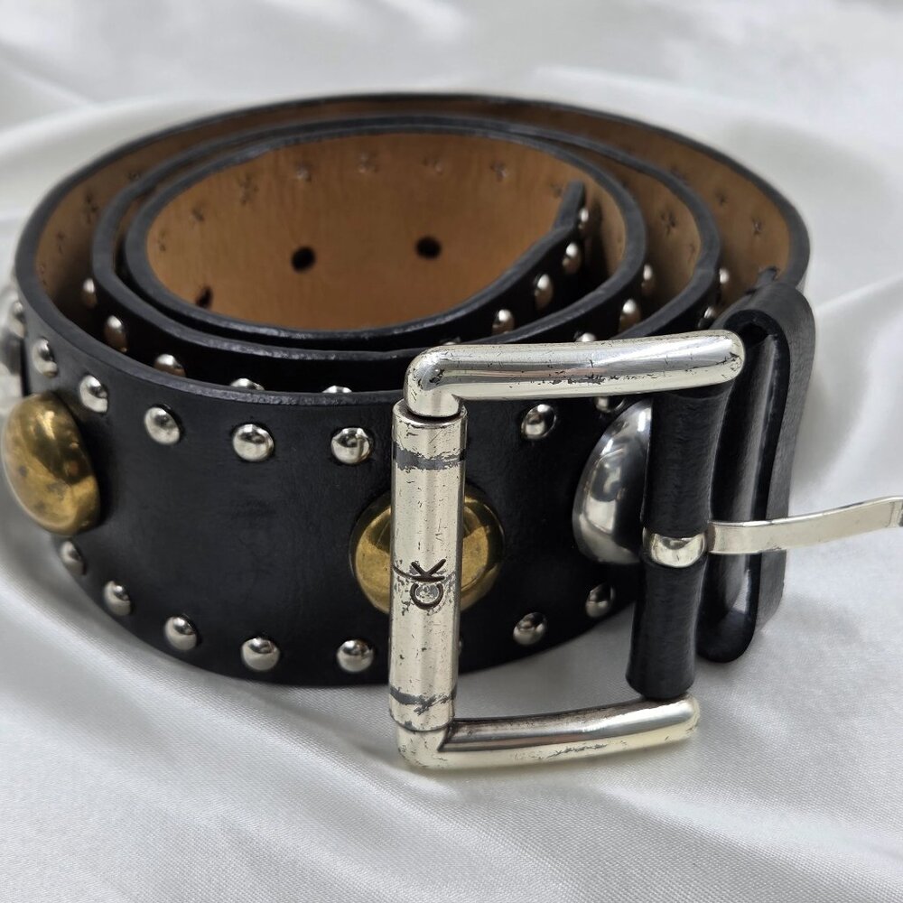 Calvin Klein Black Leather Belt with Silver and Gold Accents